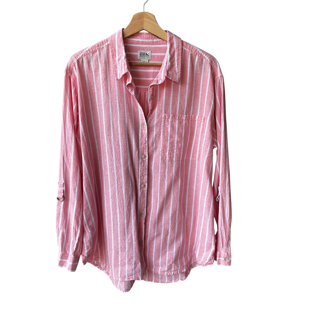 Eddie Bauer Blouse Top Pink White Striped Hemp Cotton Roll Tab Button Down Large